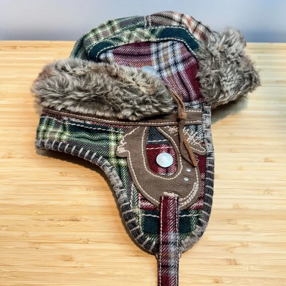 Vintage Y2K True Religion Patchwork Plaid Faux Fur Trapper Aviator Hat OS